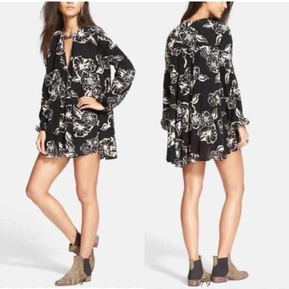 Free People Snap Out of It Black Cream Floral Sz S Tunic Dress Long Sleeve$298 - Picture 2 of 5